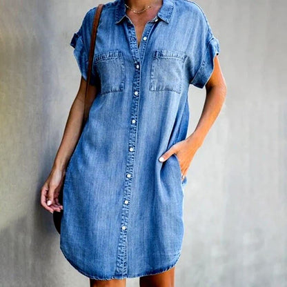 Women's Casual Denim Dress Button Front Blue - VibreMode