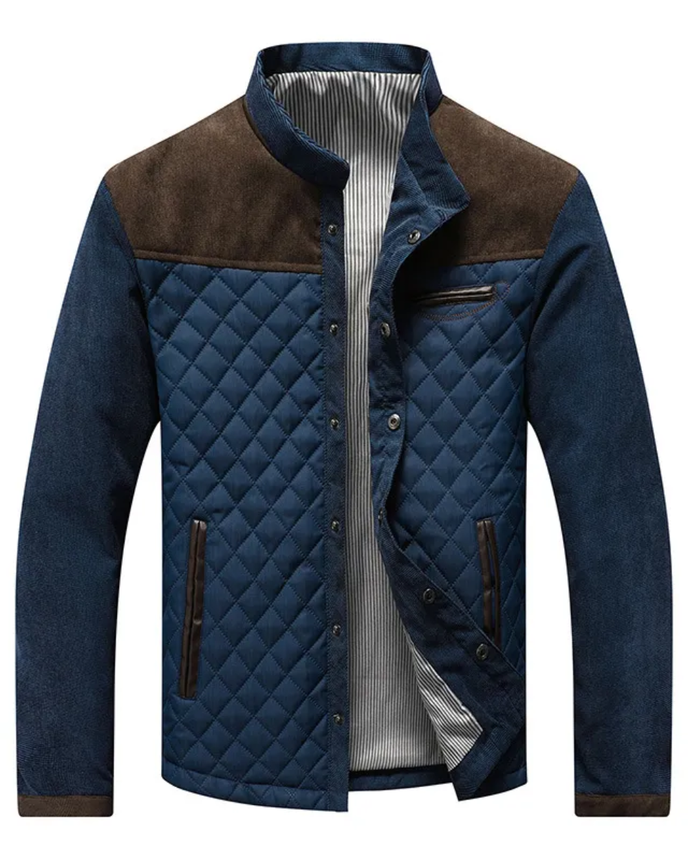 Men's Quilted Snap Jacket Stand-Up Collar Contrast Shoulder Panels - VibreMode