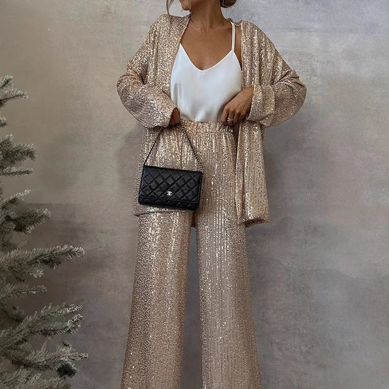 Women's Sequin Two-Piece High-Waisted Pants Set