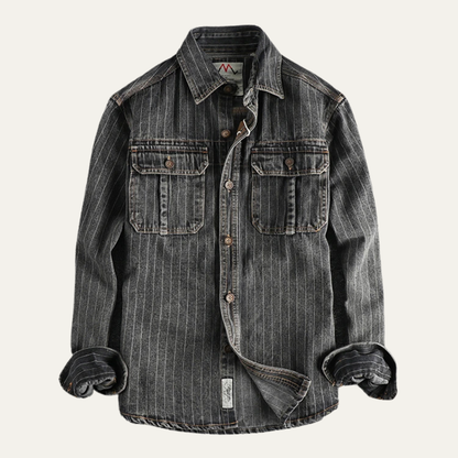 Men's Denim Shirt Jacket Vertical Stripe Dark Blue - VibreMode