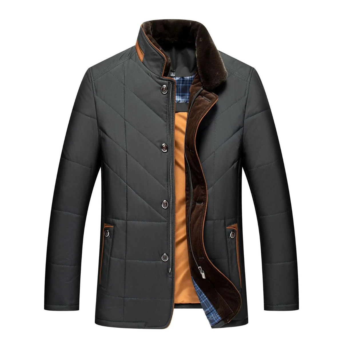 Men's Quilted Winter Jacket Zipper Front With Pockets