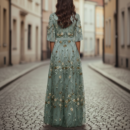Women’s Floral Maxi Dress V Neck A-Line
