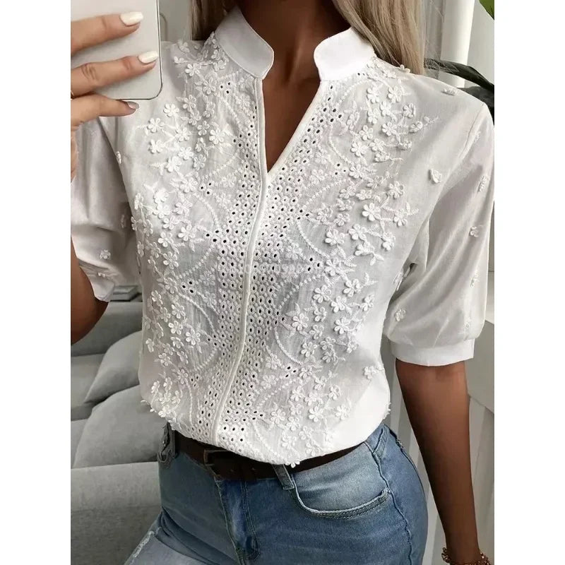 Women's White Embroidered V-Neck Blouse