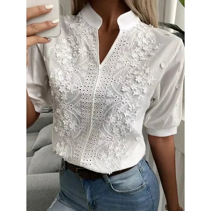 Women's White Embroidered V-Neck Blouse