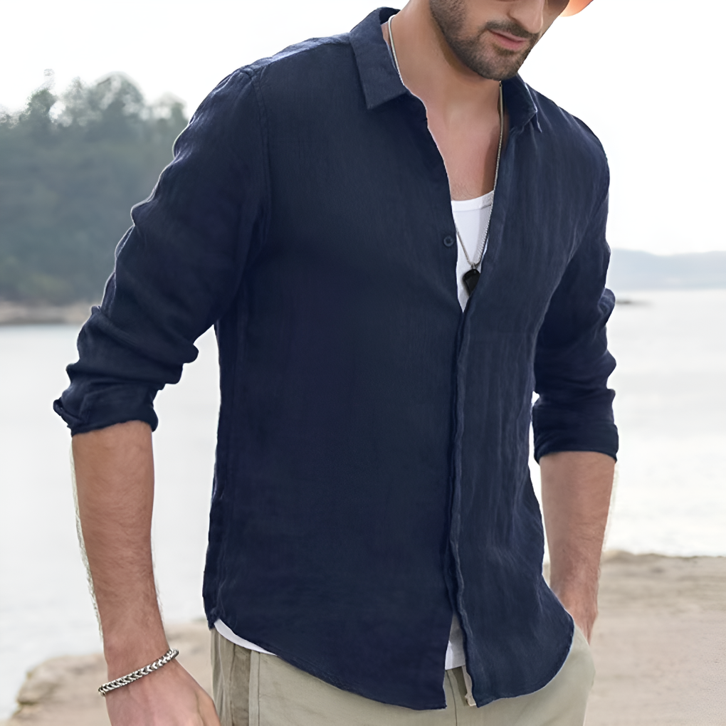 Linen Shirt Turn-Down Collar Solid Color - VibreMode