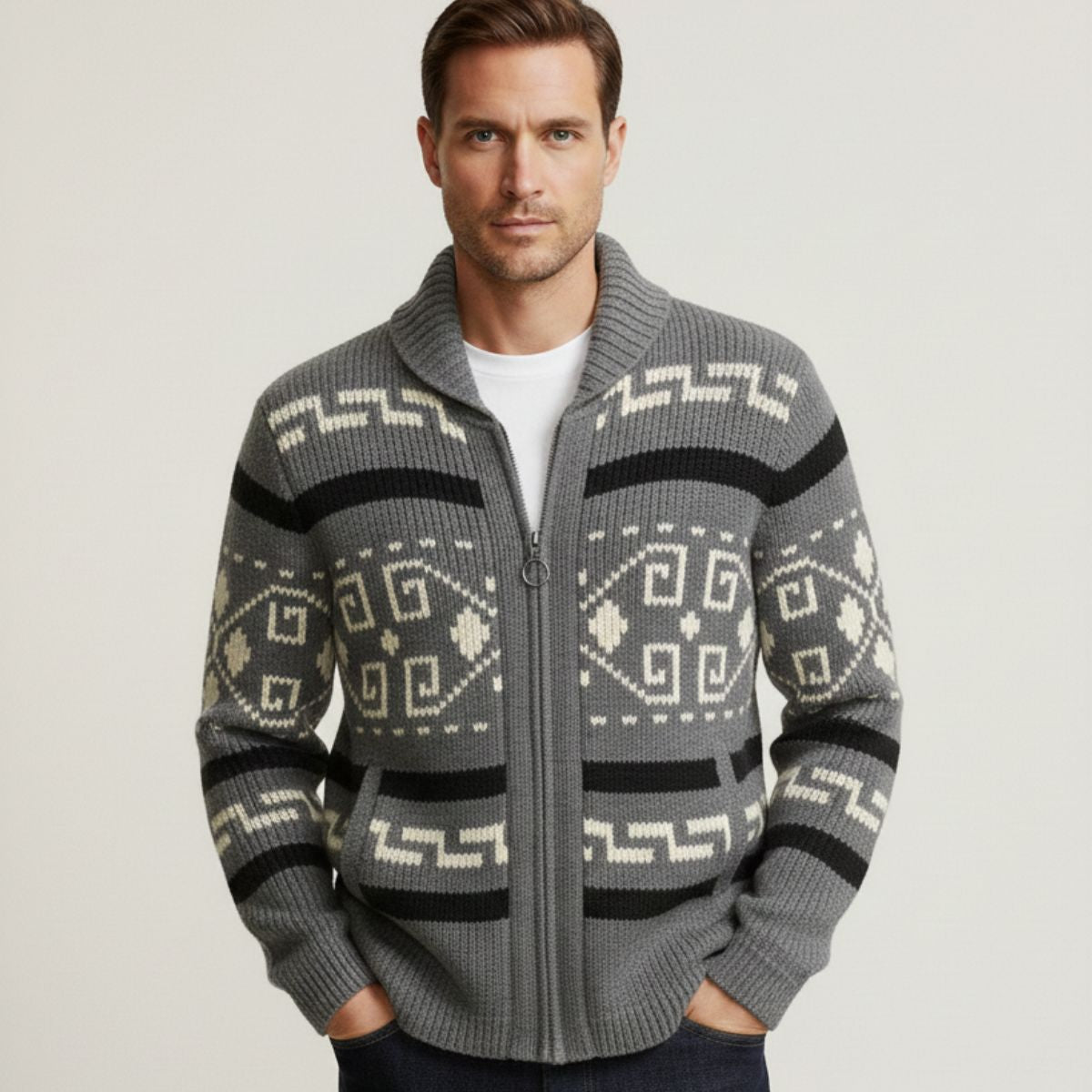 Men's Vintage Knit Cardigan Shawl Collar Thick Wool Beige