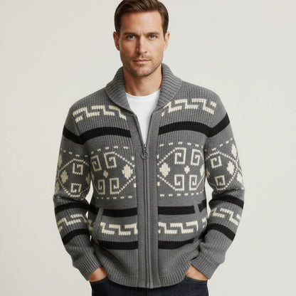 Men's Vintage Knit Cardigan Shawl Collar Thick Wool Beige