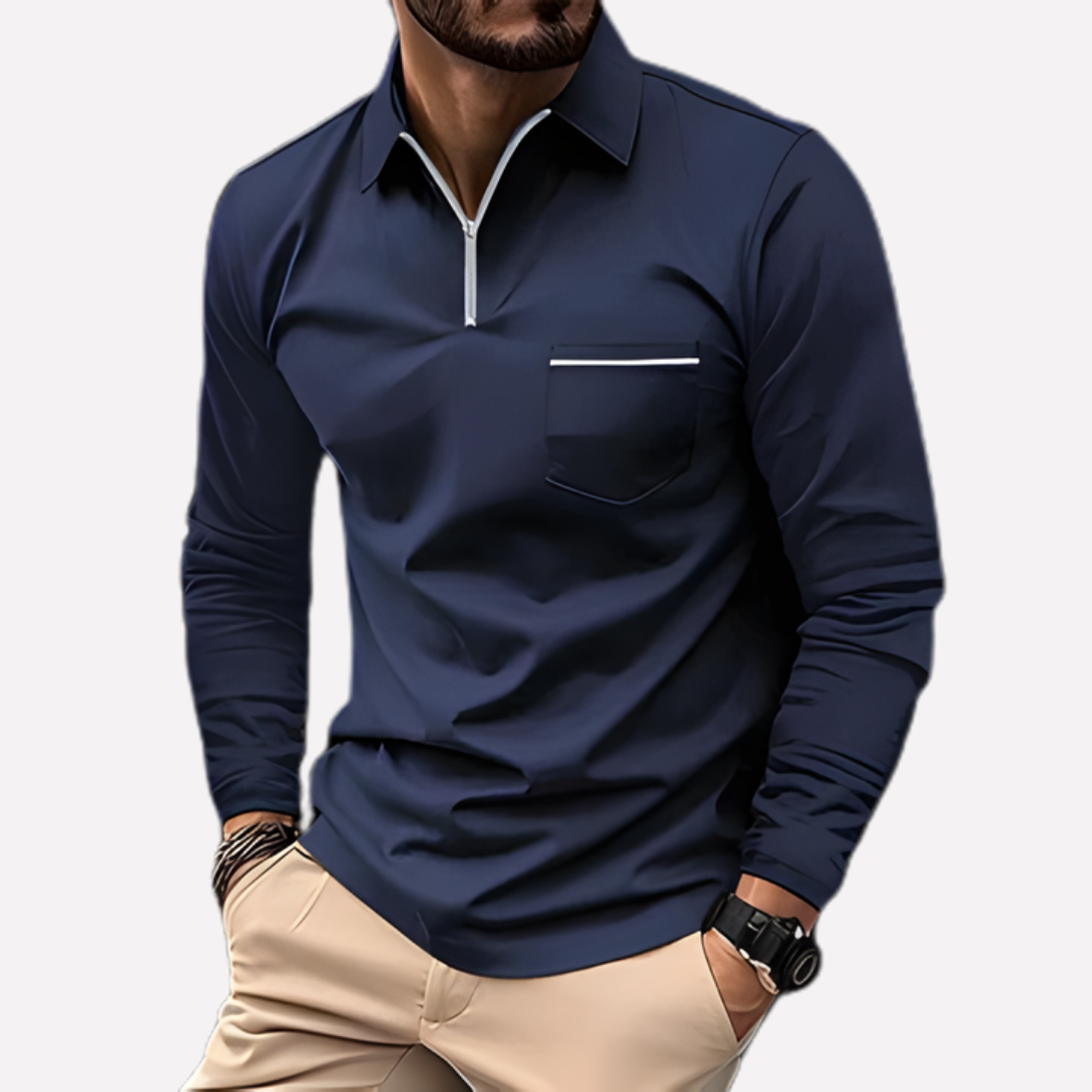 Men's Polo Shirt Long-Sleeve Cotton Chest Pocket - VibreMode