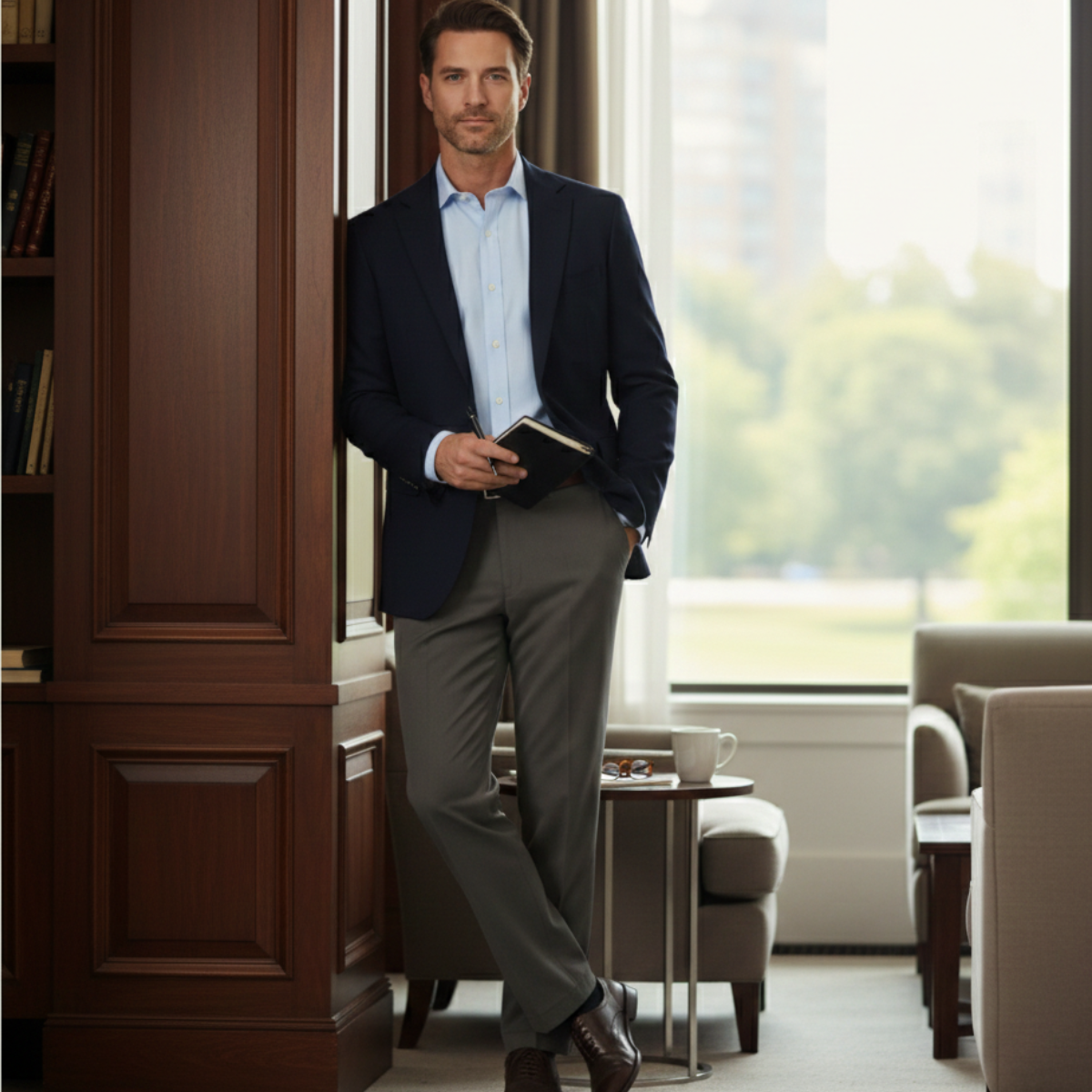 Men's Double Pleated High Waist Straight Leg Pants
