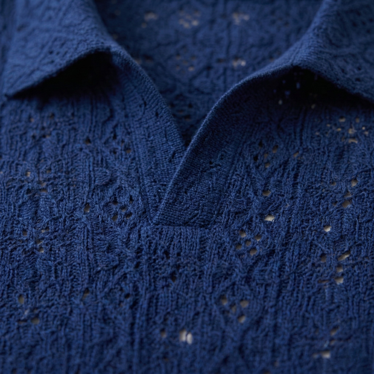 Men's Crochet Knit Polo Shirt Navy Blue