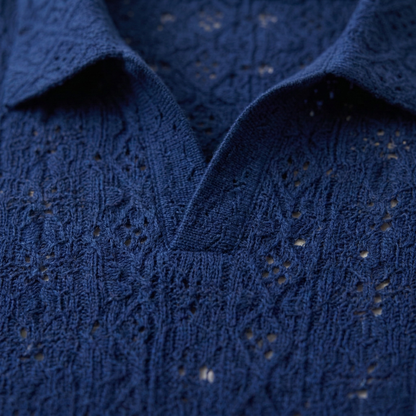 Men's Crochet Knit Polo Shirt Navy Blue