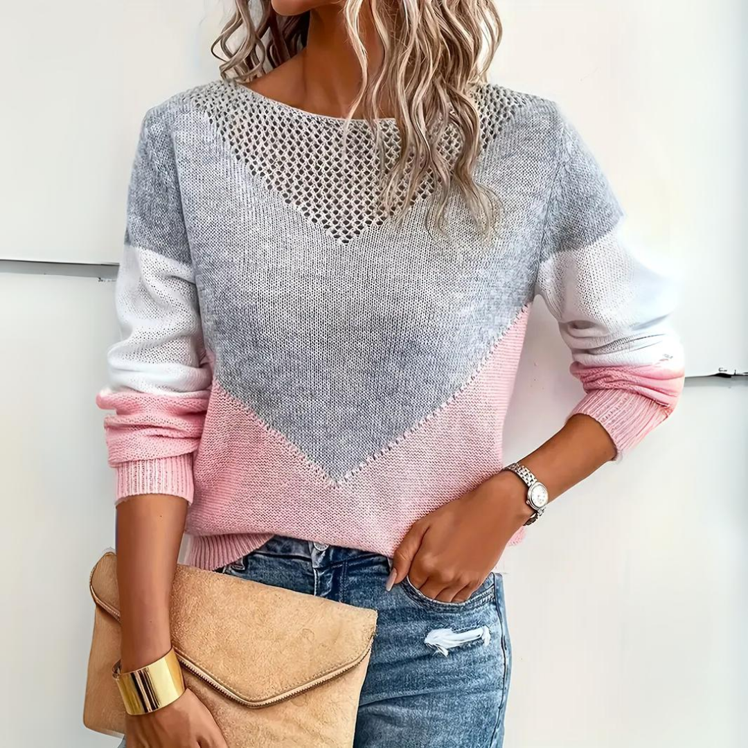 Women's V-Neck Knit Jumper Color Block Pointelle Knit