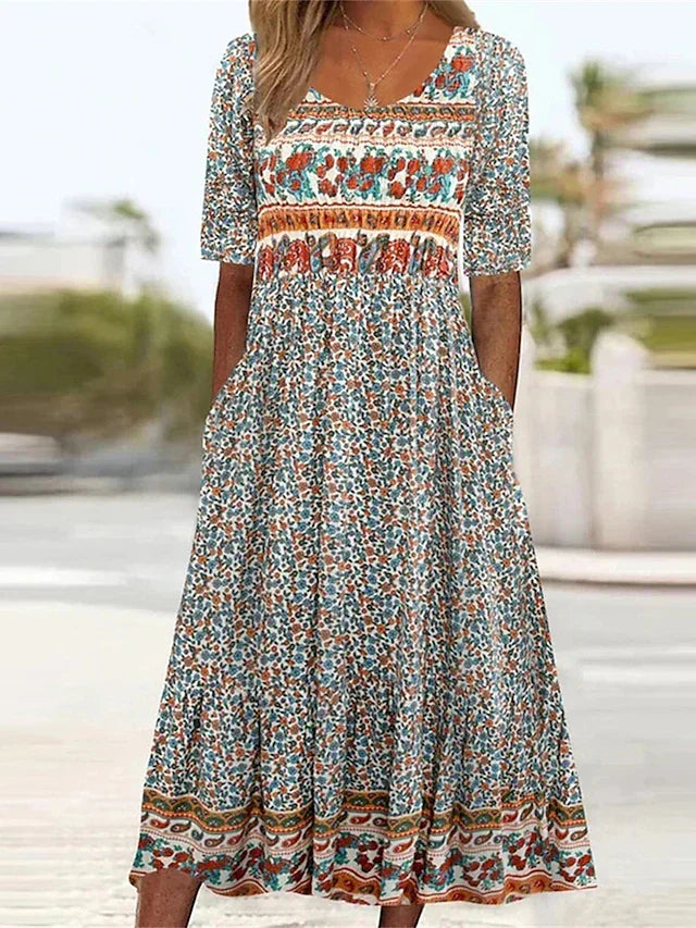 Women's Midi Boho Print Dress - VibreMode