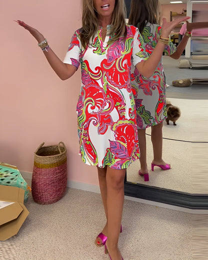 Relaxed Fit V Neck Printed Summer Dress for Women