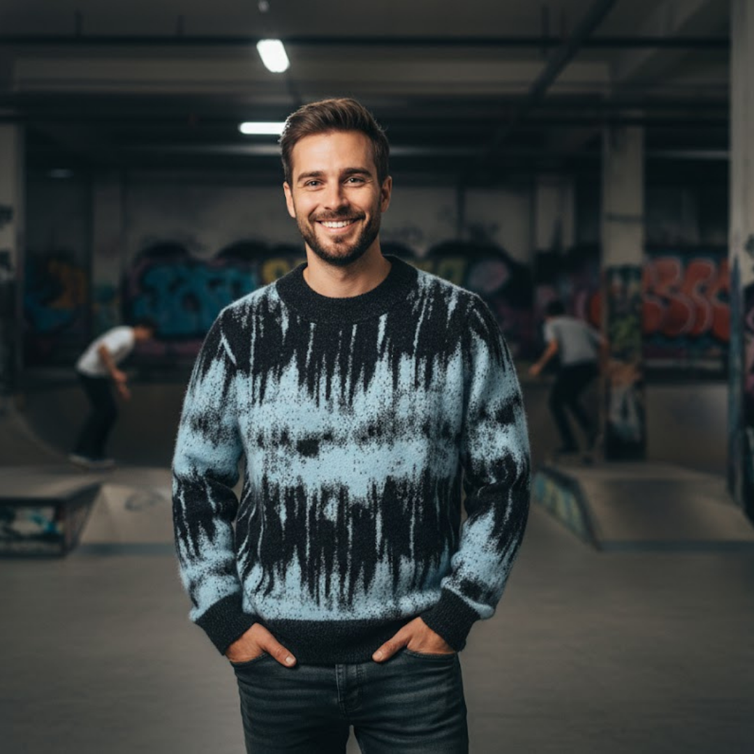 Man wearing a tie-dye sweater in a skate park