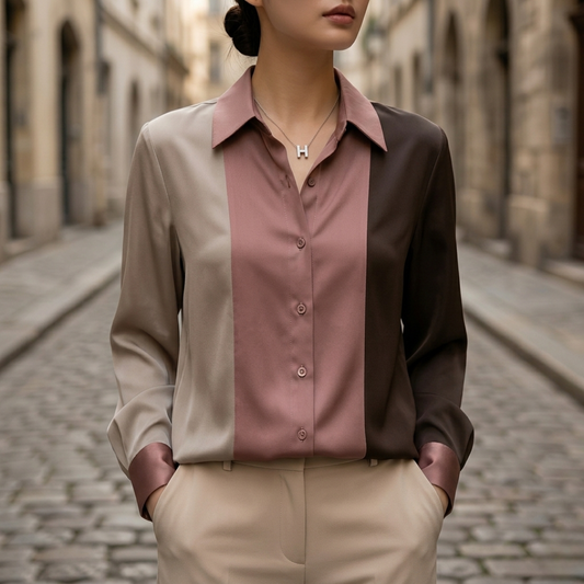 Women’s Block Button Button-Front Blouse Long Sleeve Office Shirt