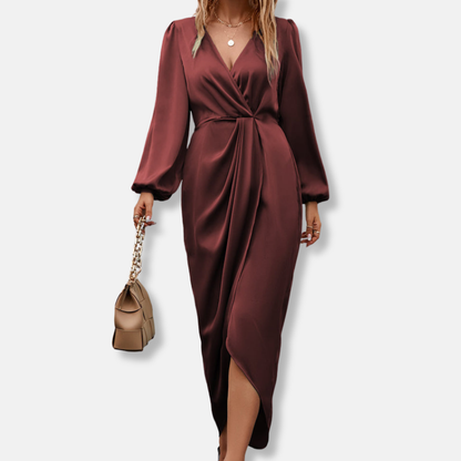 Women's Satin Midi Dress Asymmetric Hemline - VibreMode