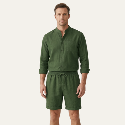 Men's Cotton Linen Shirt And Shorts Set