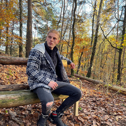 Men's Quilted Flannel Jacket With Hood Warm