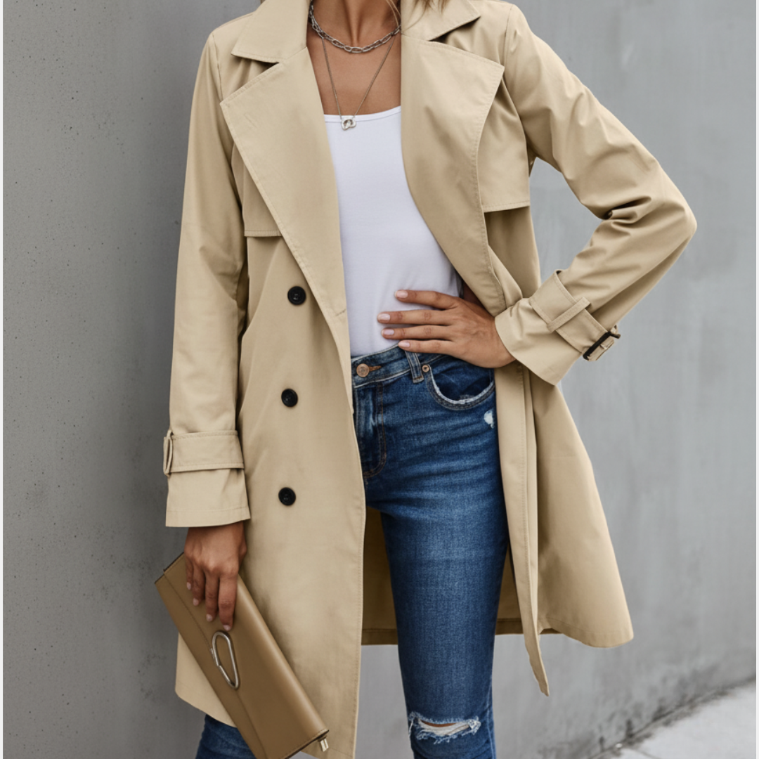 Women's Double Breasted Trench Coat Knee-Length Belted - VibreMode