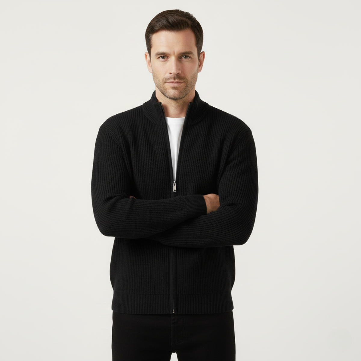 Men's Knit Cardigan Sweater Zip Front Collar Stand