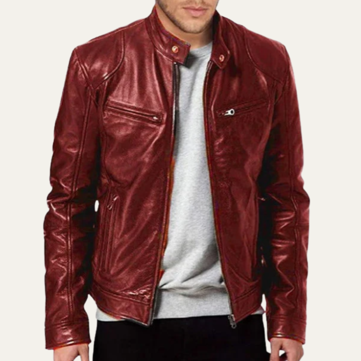 Men's Leather Biker Jacket Vintage Zip Up