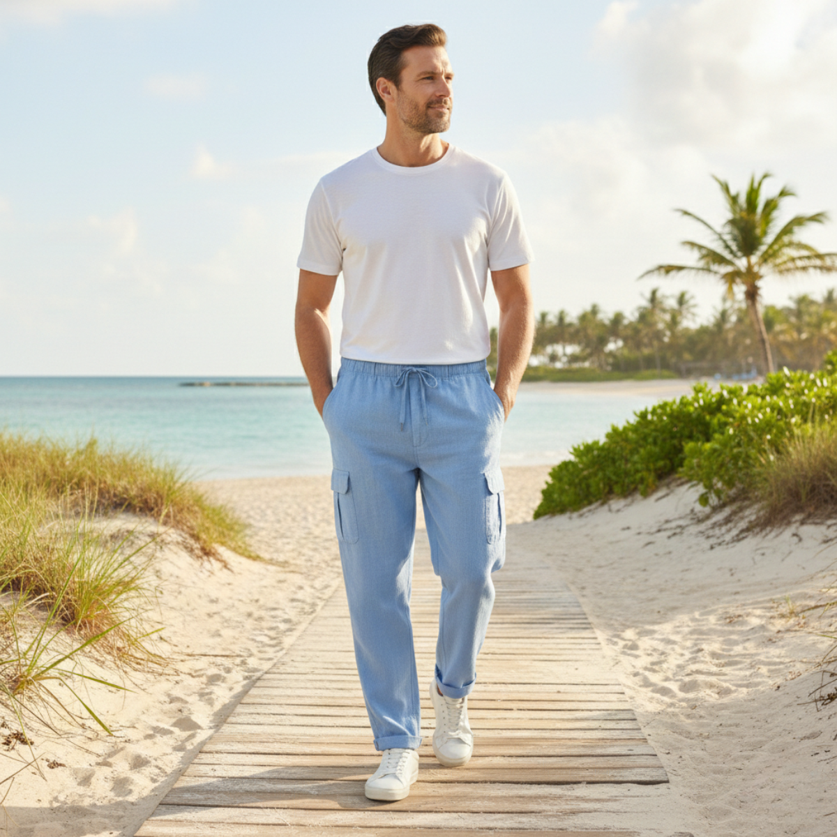 Men's Cotton Linen Cargo Pants Loose Fit Multi Pocket