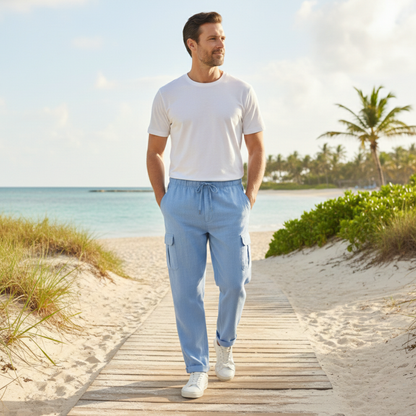Men's Cotton Linen Cargo Pants Loose Fit Multi Pocket