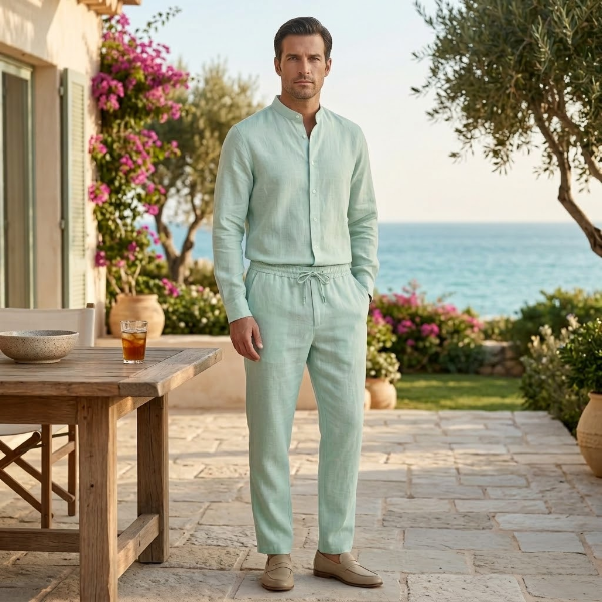 Men's Cotton Linen Shirt And Pants Set