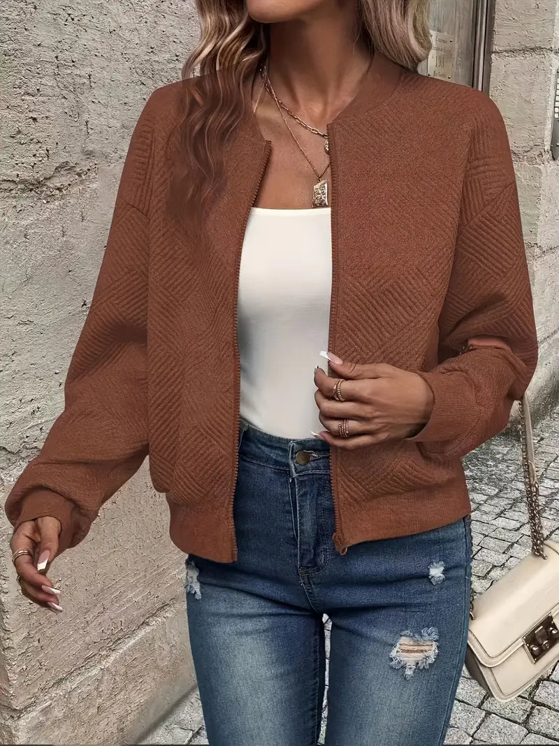 Women's Zip-Up Cardigan Ribbed Hem Long Sleeves