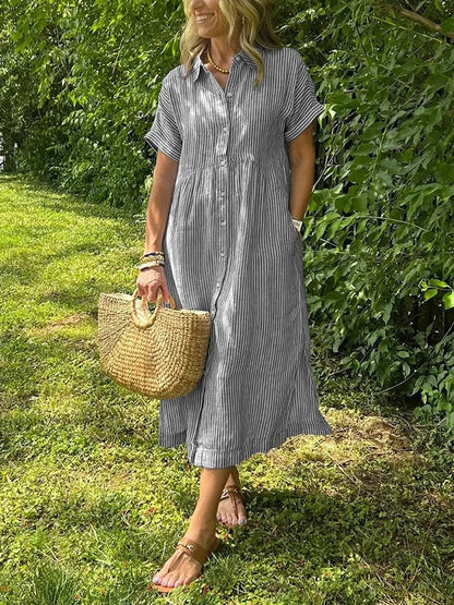 Women's Casual Midi Dress Short Sleeve Button Front