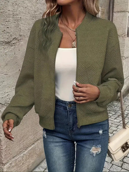 Women's Zip-Up Cardigan Ribbed Hem Long Sleeves