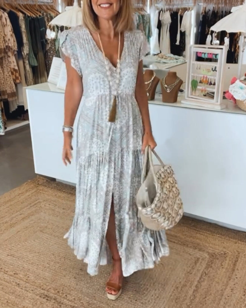 Hawaii Beach V-Neck Sundress with Short Sleeves - VibreMode