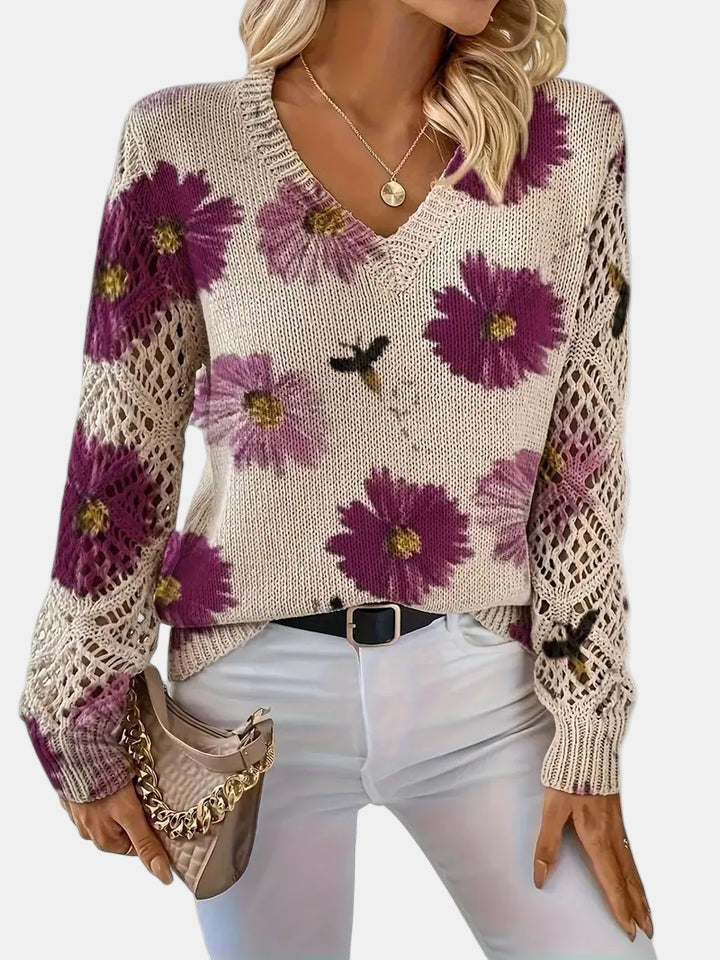 Women's V-Neck Sweater Floral Knit Pattern