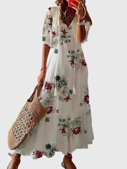 Trendy Floral V Neck Tassel Maxi Dress
