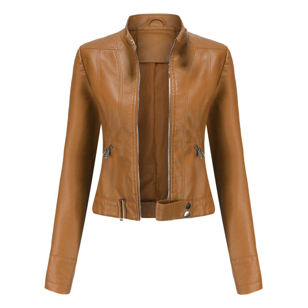 Women's Leather Jacket Zip High Collar