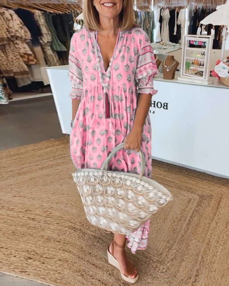 Women's Boho Maxi Dress Ruffle Sleeve Tiered
