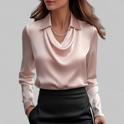 Women's Long Sleeve Satin Blouse Draped Neck