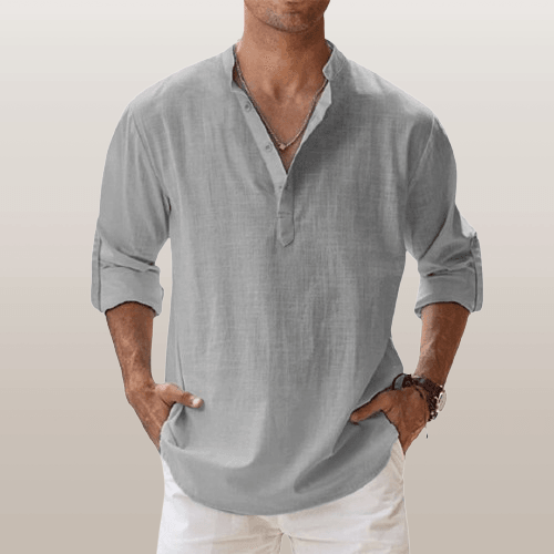 Men's Linen Blend Henley Shirt Long Sleeve Casual Beige