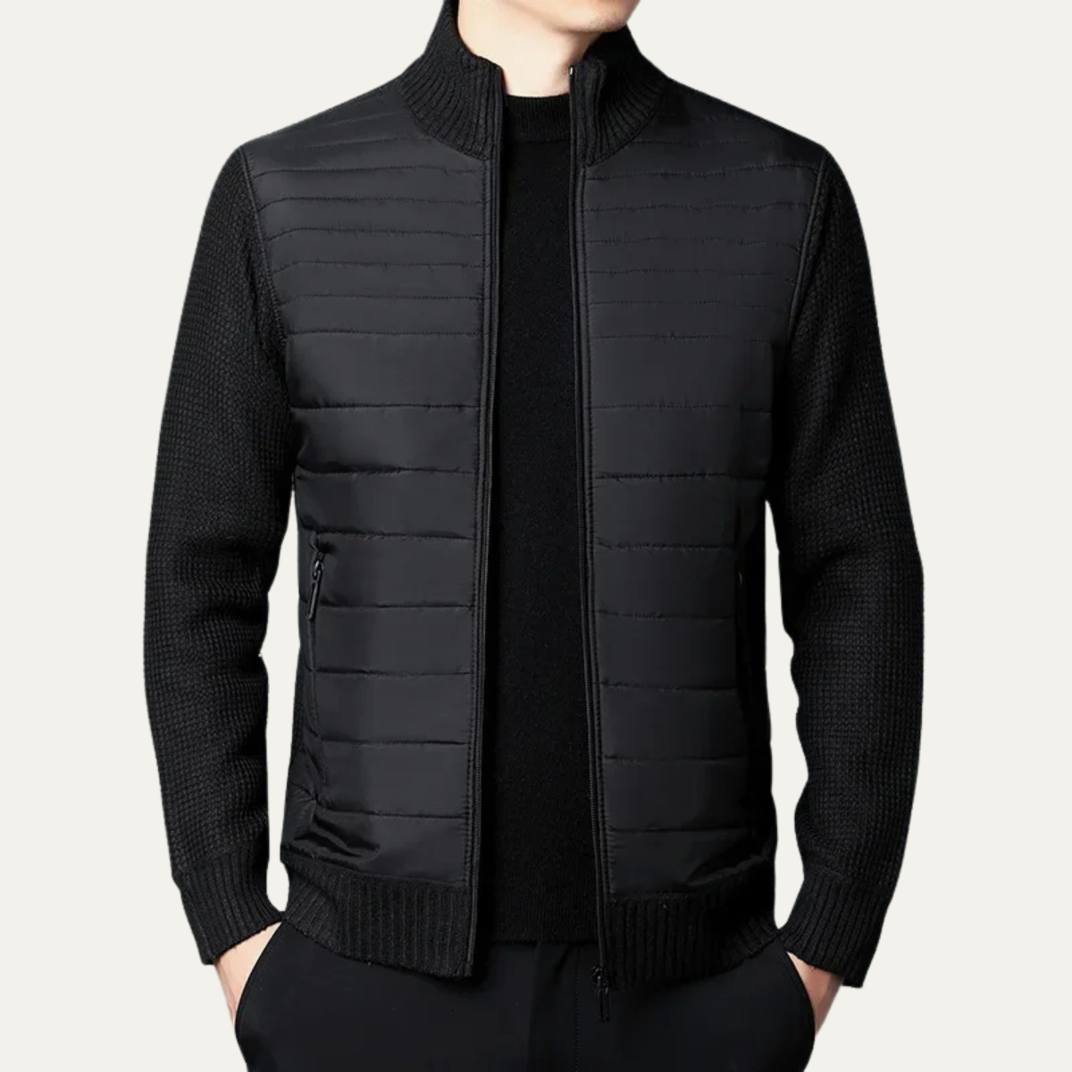 Men's Cotton Quilted Cardigan Zip Up Padded Black