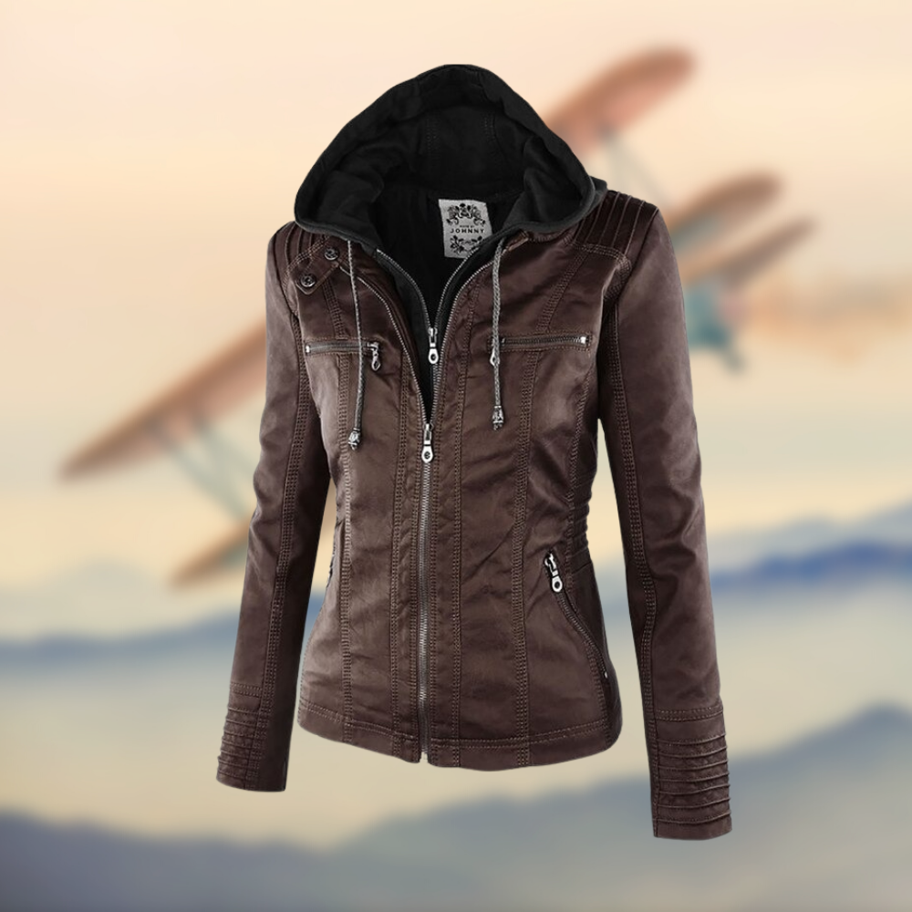 Women's Leather Jacket Fitted Hooded Zipper Black