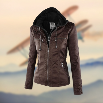 Women's Leather Jacket Fitted Hooded Zipper Black