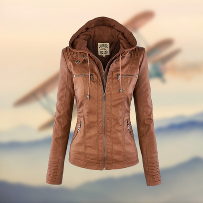Women's Leather Jacket Fitted Hooded Zipper Black - VibreMode