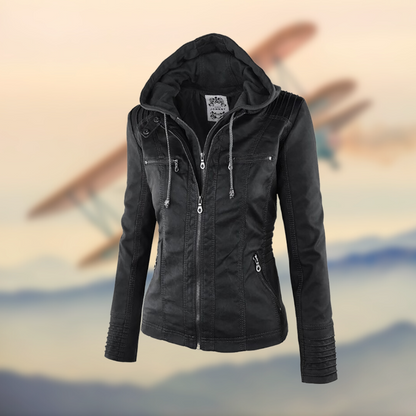 Women's Leather Jacket Fitted Hooded Zipper Black