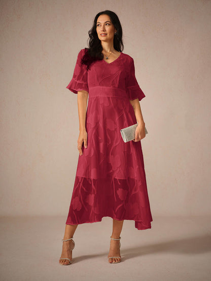 Women's Midi Dress Flutter Sleeves Lace Detailing