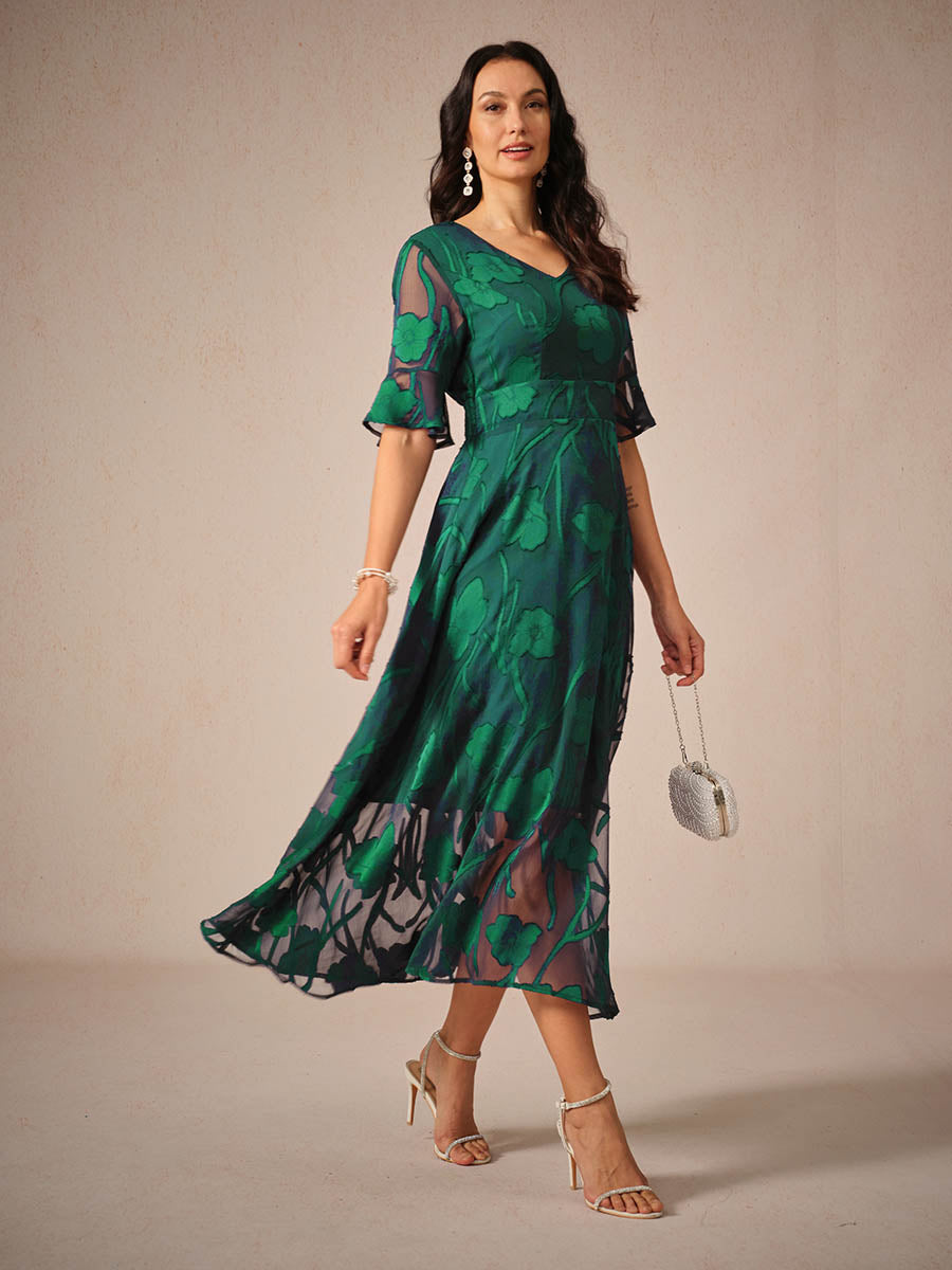 Women's Midi Dress Flutter Sleeves Lace Detailing