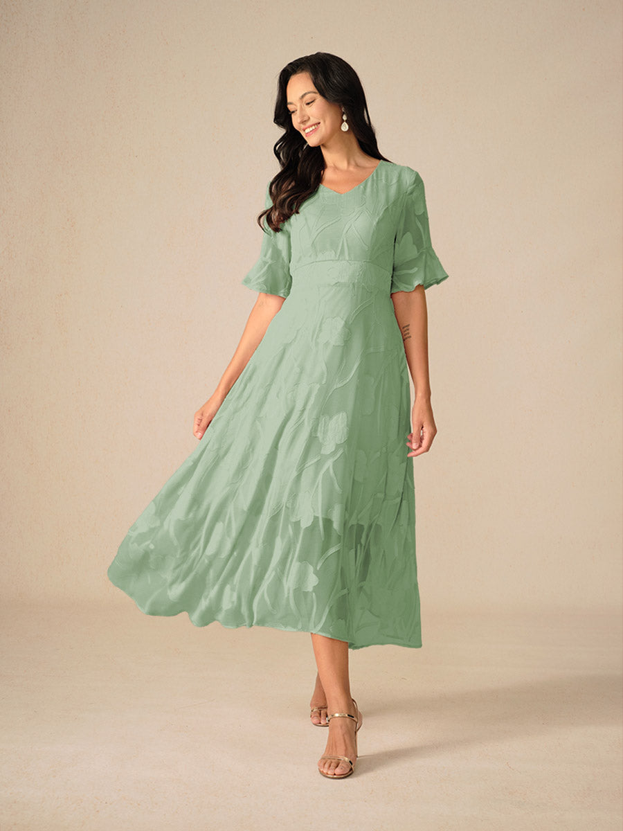 Women's Midi Dress Flutter Sleeves Lace Detailing