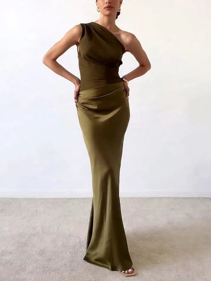 Women's Pleated Maxi Dress Satin Contrast Bodice