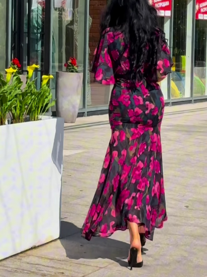 Vintage V-Neck Bell Sleeve Print Dress