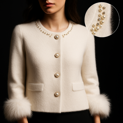 White coat with pearl embellishments on a black background